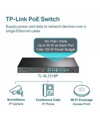 SWITCH NÃO GERENCIÁVEL C/ 16P 10/100MBPS POE+ E 2P GIGABIT TL-SL1218P SMB