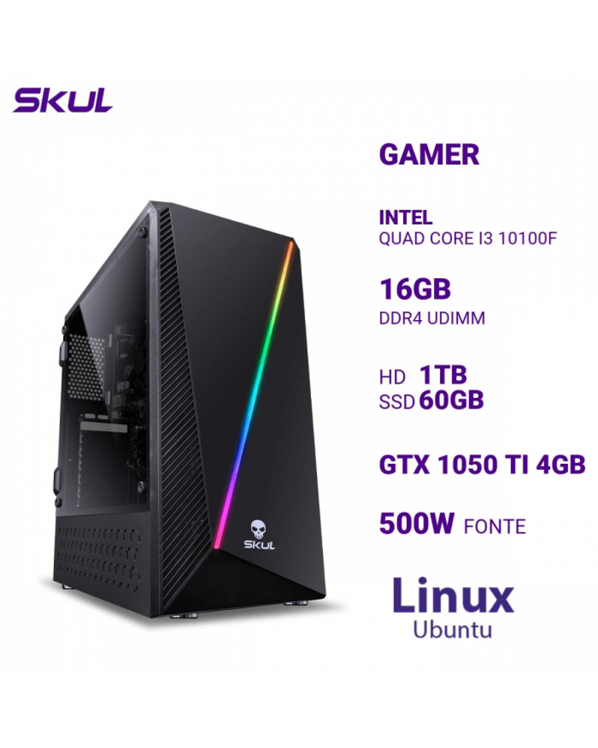 COMPUTADOR GAMER 3000 QUAD CORE I3 10100F MEM 16GB DDR4 HD 1TB SSD 60GB GTX 1050 TI 4GB FONTE 500W LINUX