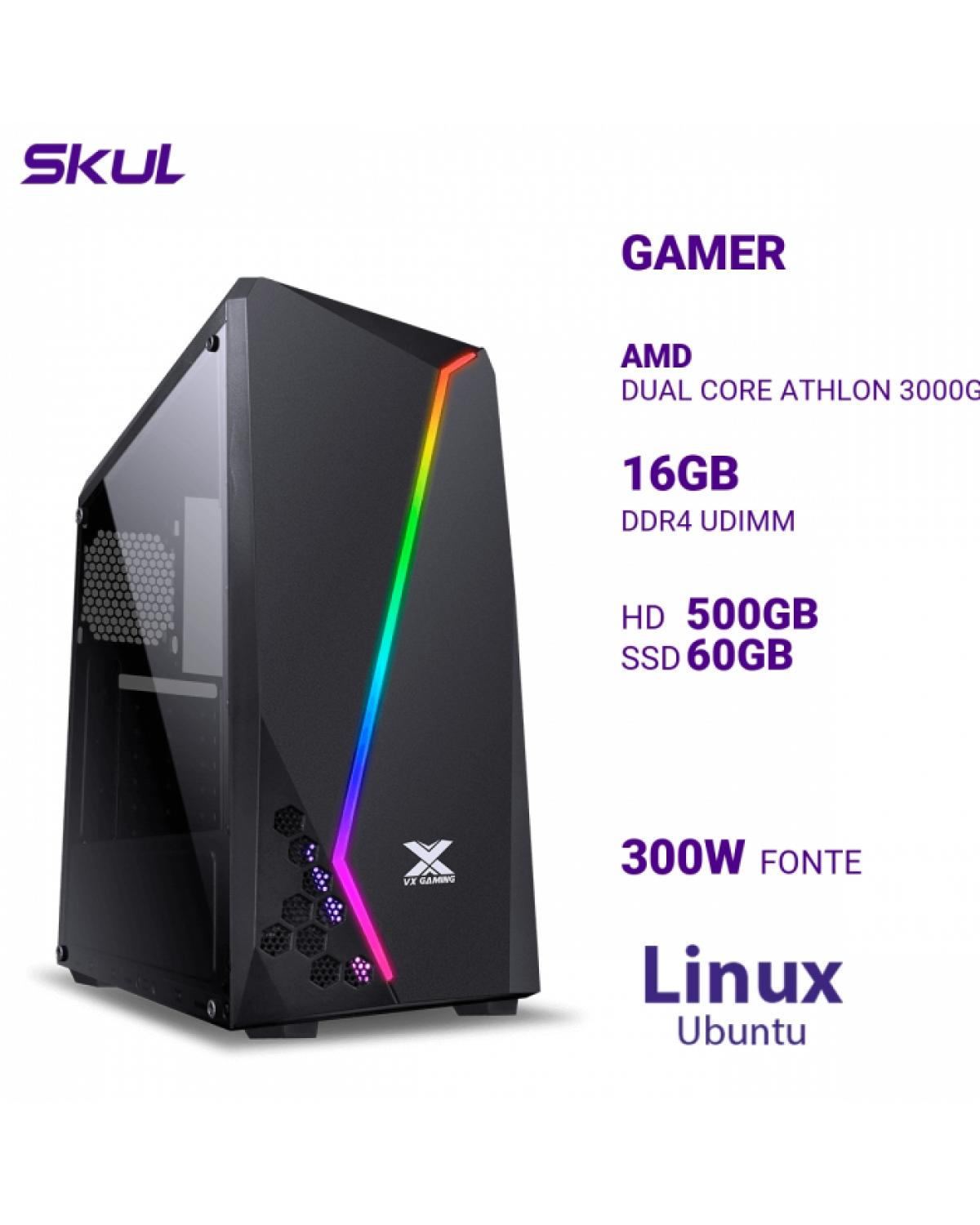COMPUTADOR GAMER 1000 DUAL CORE ATHLON 3000G 3.50GHZ MEM 16GB DDR4 HD 500GB SSD 60GB FONTE 300W LINUX