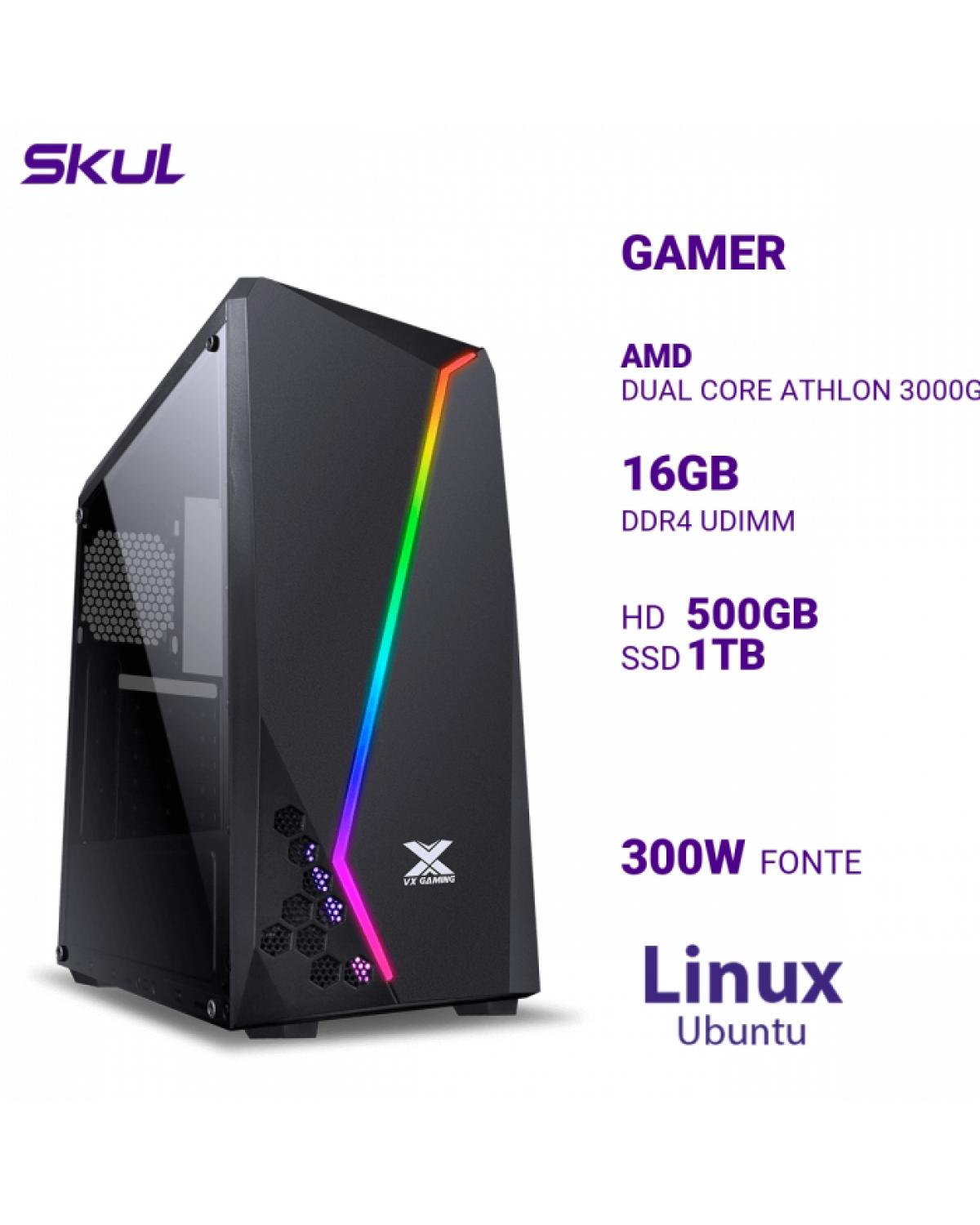 COMPUTADOR GAMER 1000 DUAL CORE ATHLON 3000G 3.50GHZ MEM 16GB DDR4 HD 500GB SSD 1TB NVME FONTE 300W LINUX