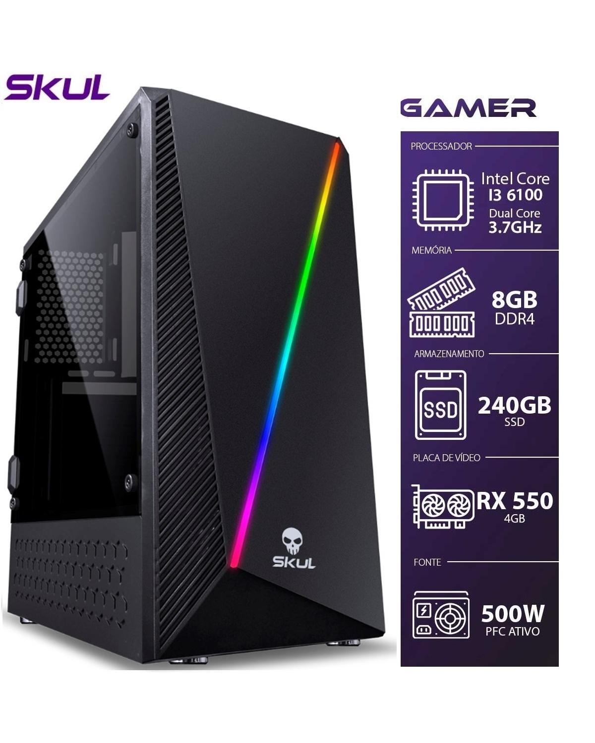 COMPUTADOR GAMER 3000 - I3 6100 3.7GHZ 8GB DDR4 SSD 240GB RX 550 4GB FONTE 500W PFC ATIVO