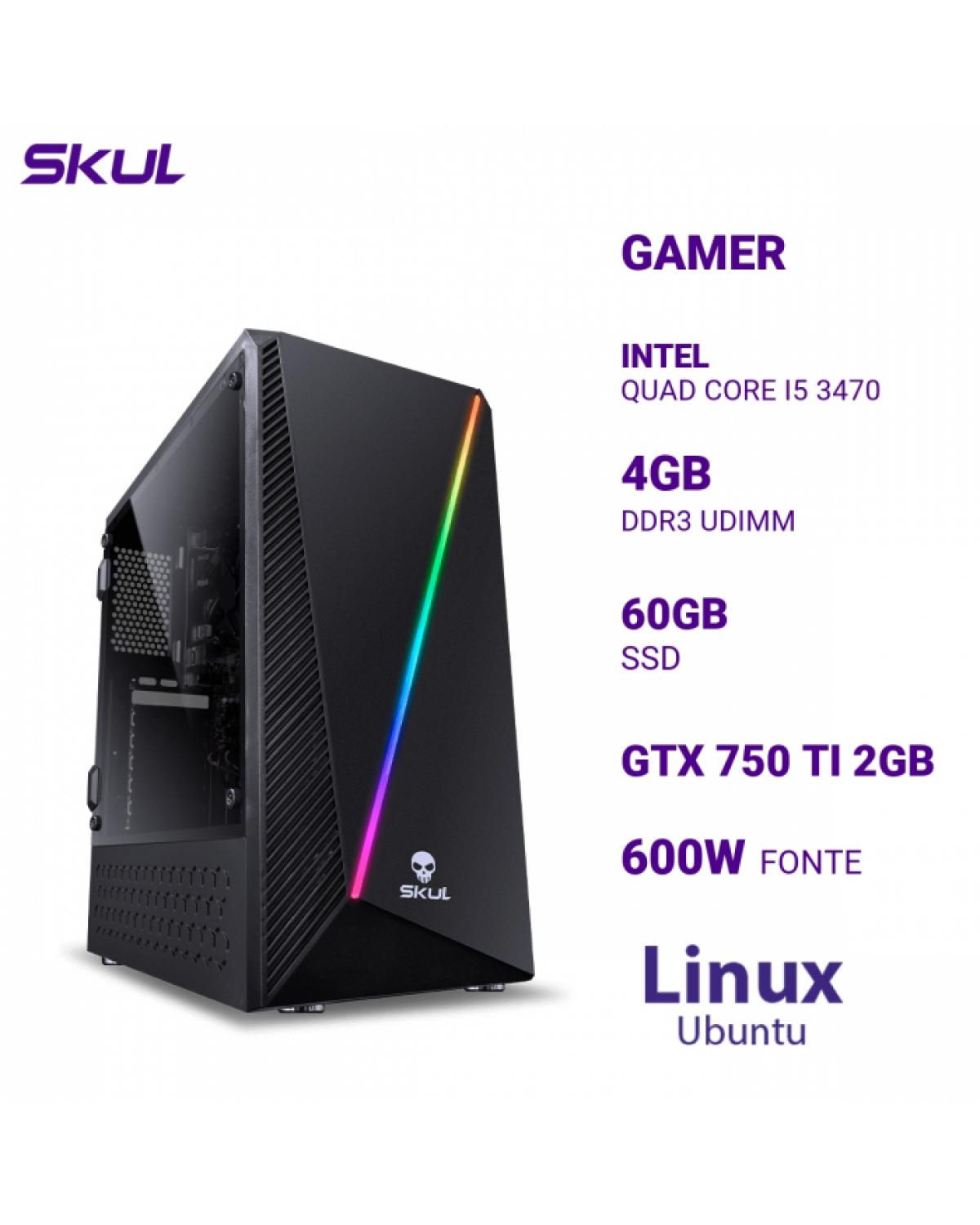 COMPUTADOR GAMER 5000 QUAD CORE I5 3470 MEM 4GB DDR3 SSD 60GB GTX 750 TI 2GB FONTE 600W LINUX