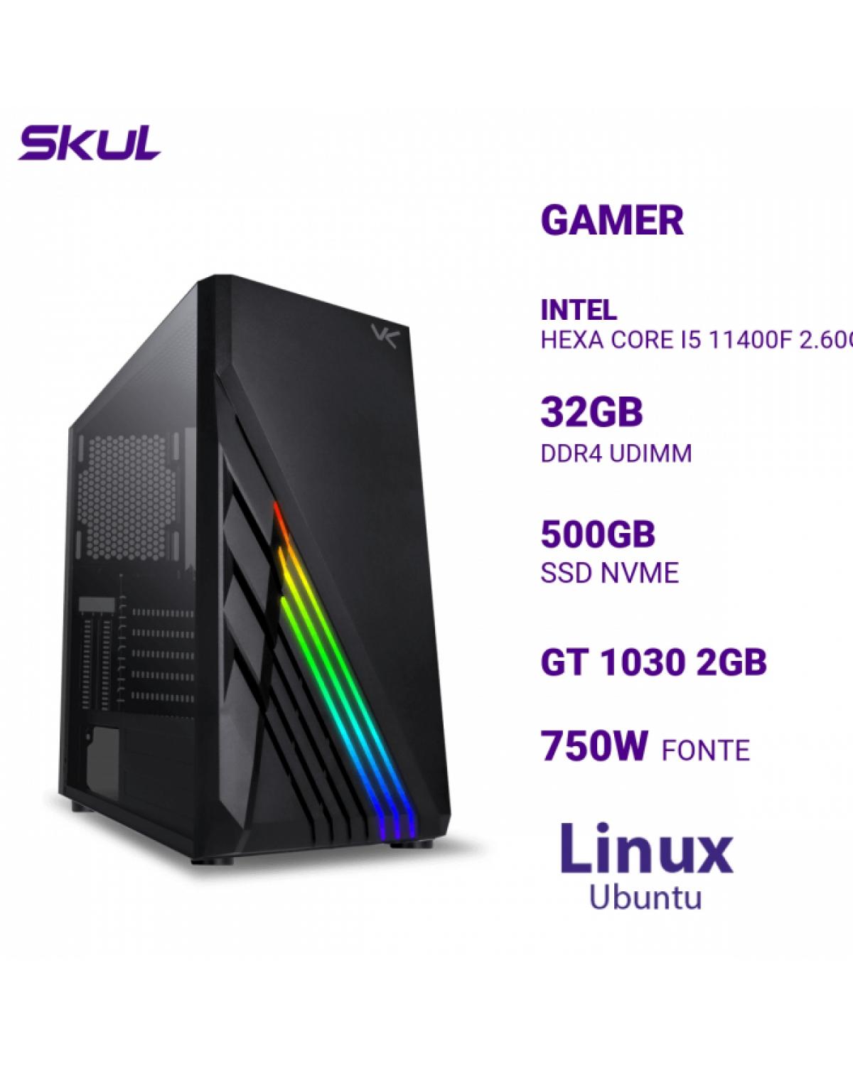 COMPUTADOR GAMER 5000 I5 11400F 2.60GHZ MEM 32GB DDR4 SSD 500GB NVME GT 1030 2GB FONTE 750W PLUS BRONZE LINUX UBUNTU