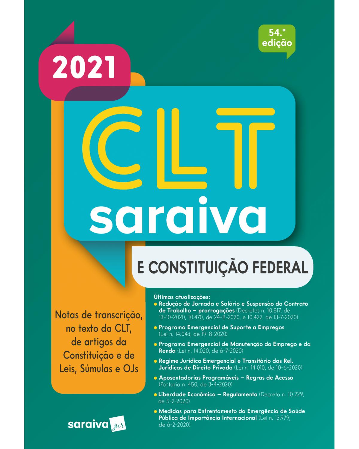 CLT Saraiva e Constituição Federal - Tradicional - 54ª Edição | 2021